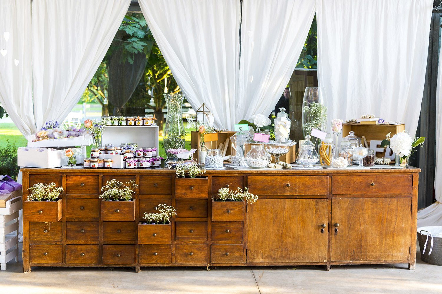 Wood drawers decorated with wedding gifts