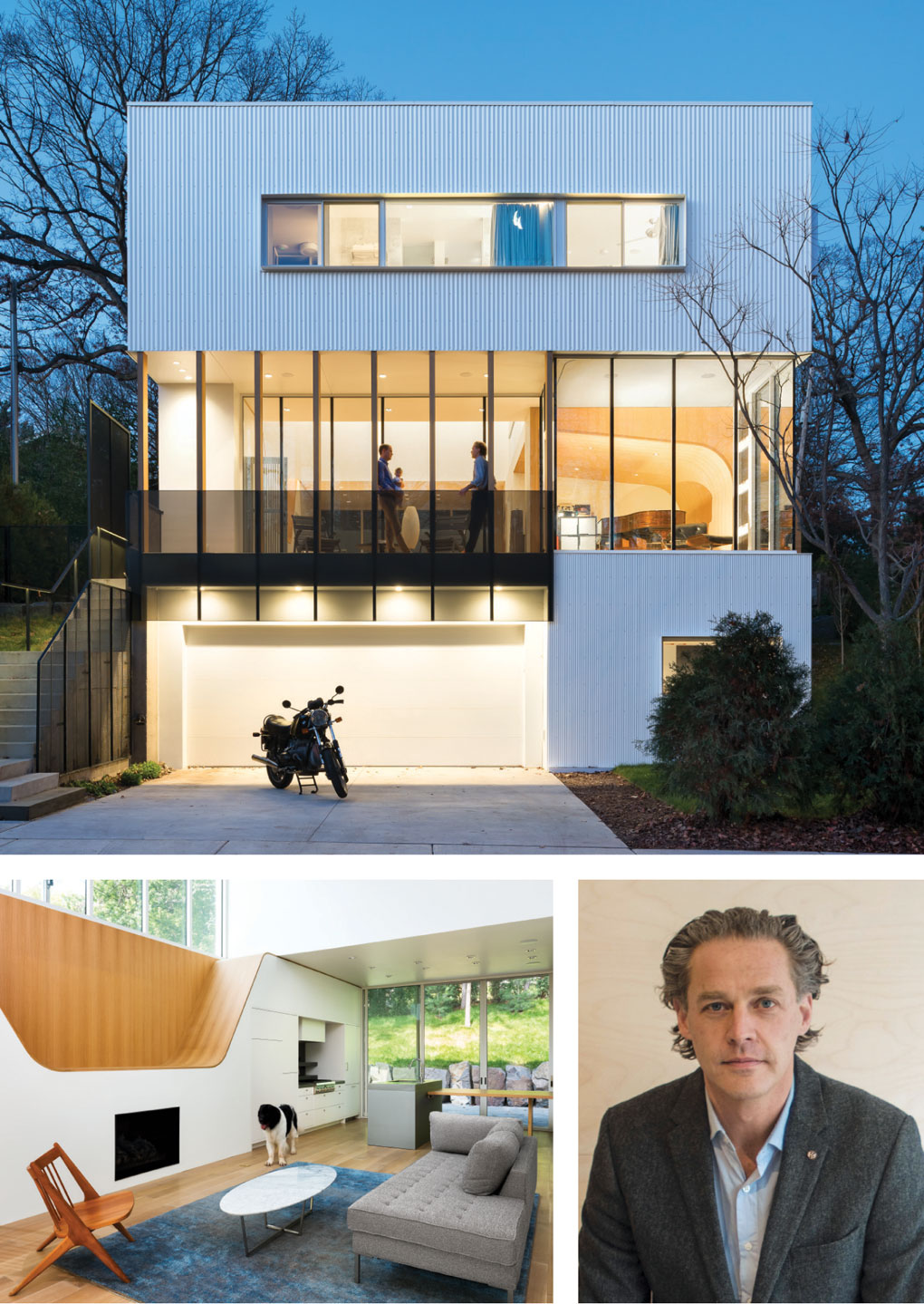 The upper picture shows the exterior of a stack house, the lower left photo shows the living room inside the stack house, and the lower right photo is a portrait of Charlie Lazor.