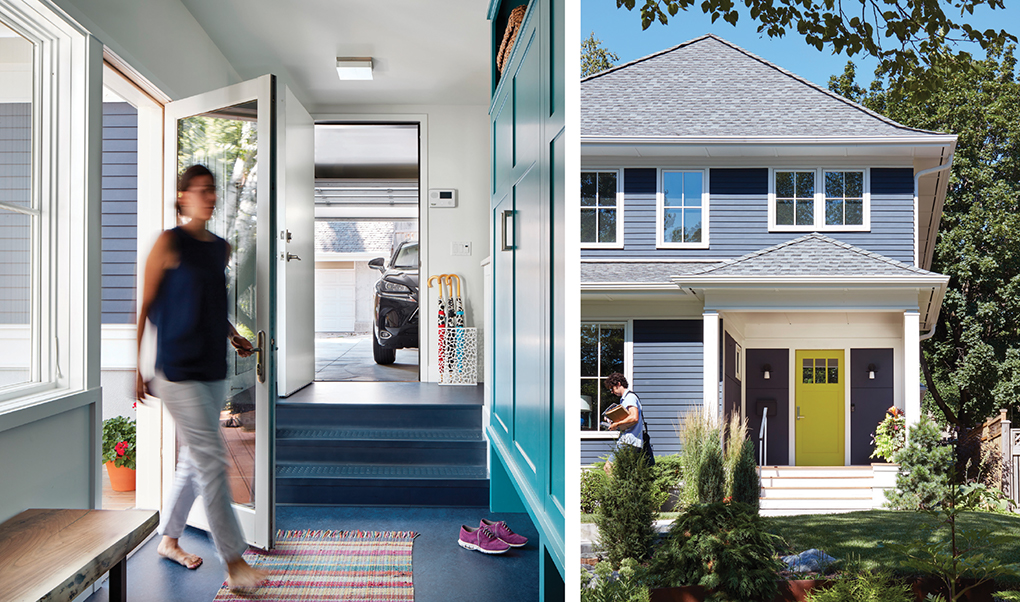 The inside of an entryway shows a multicolored rug on a blue floor that leads to the garage. The exterior of the entryway shows a porch, chartreuse-colored door and navy-colored home.