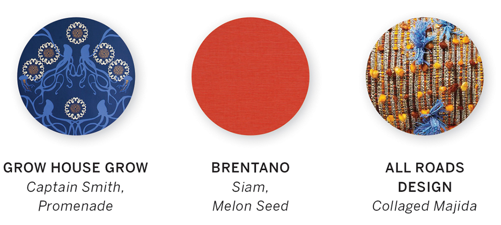 A color swatch featuring Captain Smith, Promenade by Grow House Grow, Siam, Melon Seed by Brentano and Collaged Majida by All Roads Design.