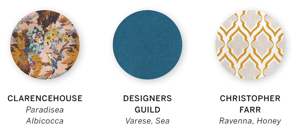 A color swatch featuring Paradisea Albicocca by Clarencehouse, Varese, Sea by Designers Guild and Ravenna, Honey by Christopher Farr.