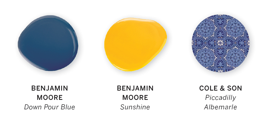 A color swatch featuring the colors of Down Pour Blue and Sunshine by Benjamin Moore, and Piccadilly Albemarle by Cole & Son.