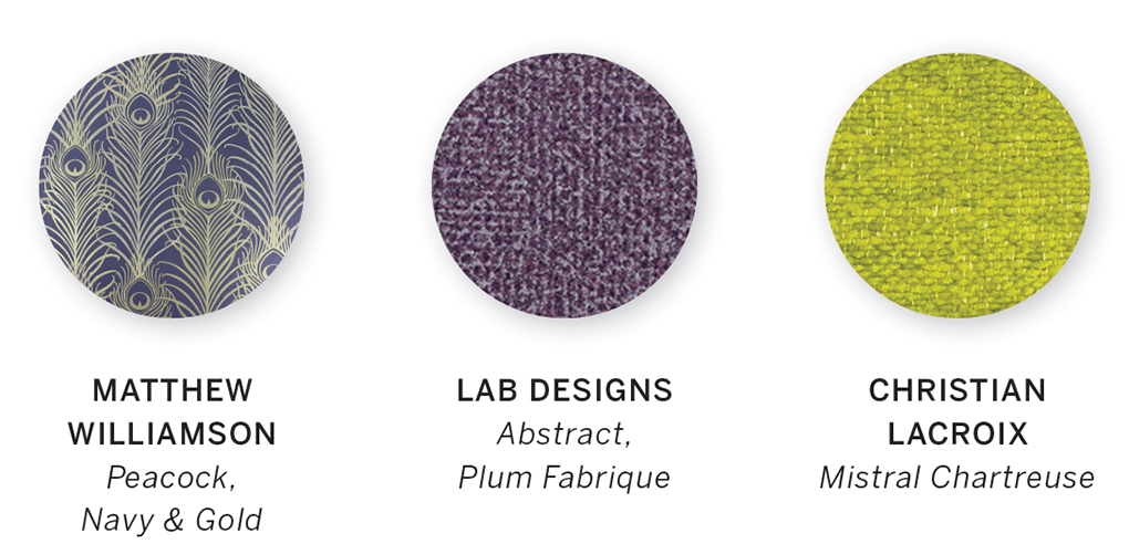 A color swatch featuring Peacock, Navy & Gold by Matthew Williamson, Abstract, Plum Fabrique by Lab Designs and Mistral Chartreuse by Christian Lacroix.