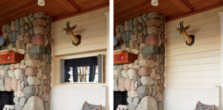 A sliding wall above a bench reveals a hidden television.