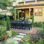 Landscape Architect Frank Fitzgerald’s Minneapolis Garden Retreat A dining table setup on a brick patio in the middle of a backyard garden.