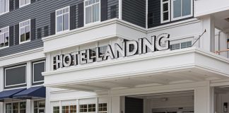 The entrance to Hotel Landing in Wayzata, Minnesota.