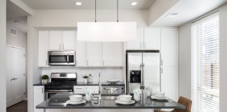 2017 Luxury Loft & Condo Tour: IndiGO at BCS Apartments photo of a kitchen with modern appliances and leather barstools around a center island