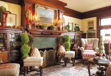 Summit Avenue Manse Dresses for the Holidays Christmasy front room with mini trees and festive chairs