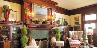 Summit Avenue Manse Dresses for the Holidays Christmasy front room with mini trees and festive chairs