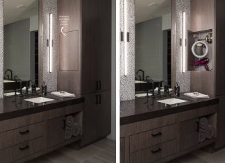 Storage Envy A bathroom with a hidden, custom-fitted space that keeps the clutter off the countertop.