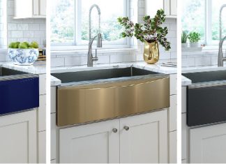 Kitchen and Bath Industry Show 2018 Trends Three sinks, each with a changeable apron by Elkay (blue, black and gold).