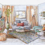 American Craft Show An illustration of a living room decorated with seating, rug, book shelf, and plants.