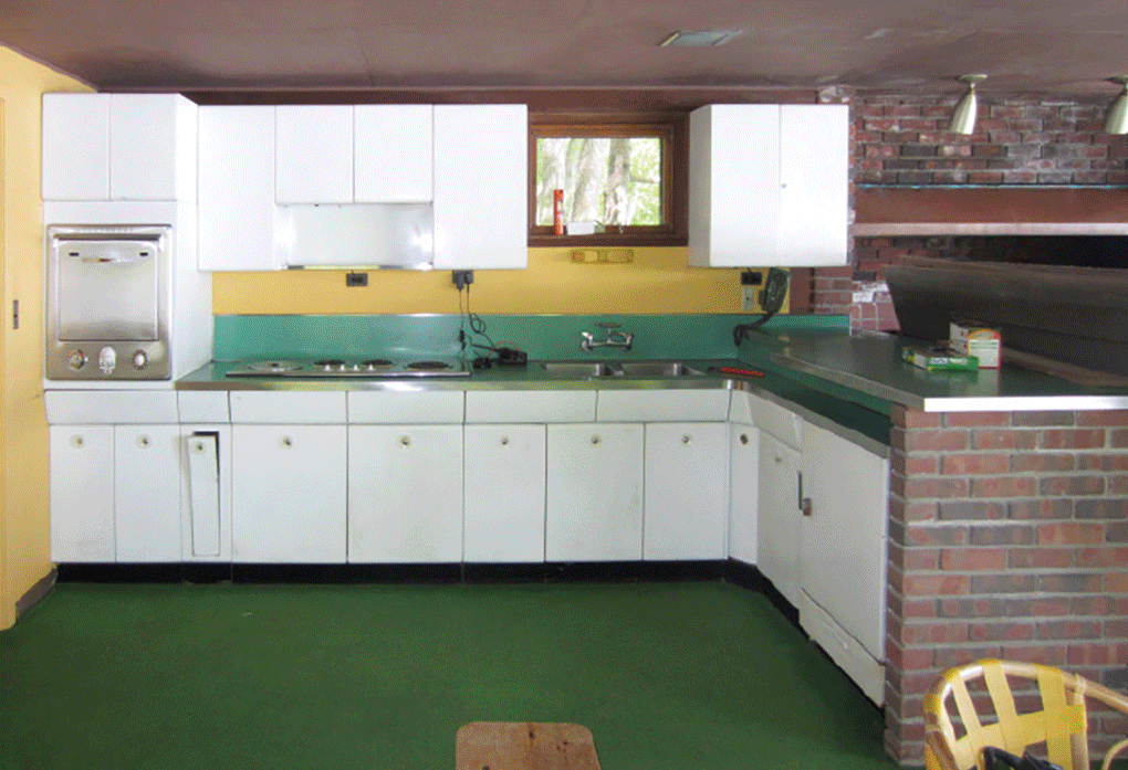 A gif of an outdated '50s-era galley kitchen before and after a renovation. 