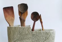Functional Ceramic Art for Every Room Utensil holder with spoons. Geometric, lots of lines