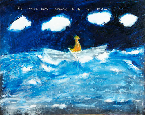 A painting of a boat in a sea.