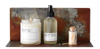 Acid washed shelf, $26, True Hue Bergamot + Black Tea candle, $18, True Hue Sandalwood + White Husk spray, $14, True Hue matches, $8, Ciel Loft & Home