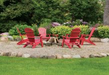 See How His Garden Grows Campfire roses, along with hydrangeas, phlox, spireas, and Japanese tree lilac, provide a colorful backdrop for gatherings around a cozy fire pit.