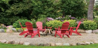 See How His Garden Grows Campfire roses, along with hydrangeas, phlox, spireas, and Japanese tree lilac, provide a colorful backdrop for gatherings around a cozy fire pit.