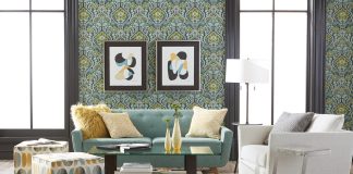 A lifestyle shot with a Lucy sofa, pillows, and ottoman. Photo courtesy Ethan Allen.