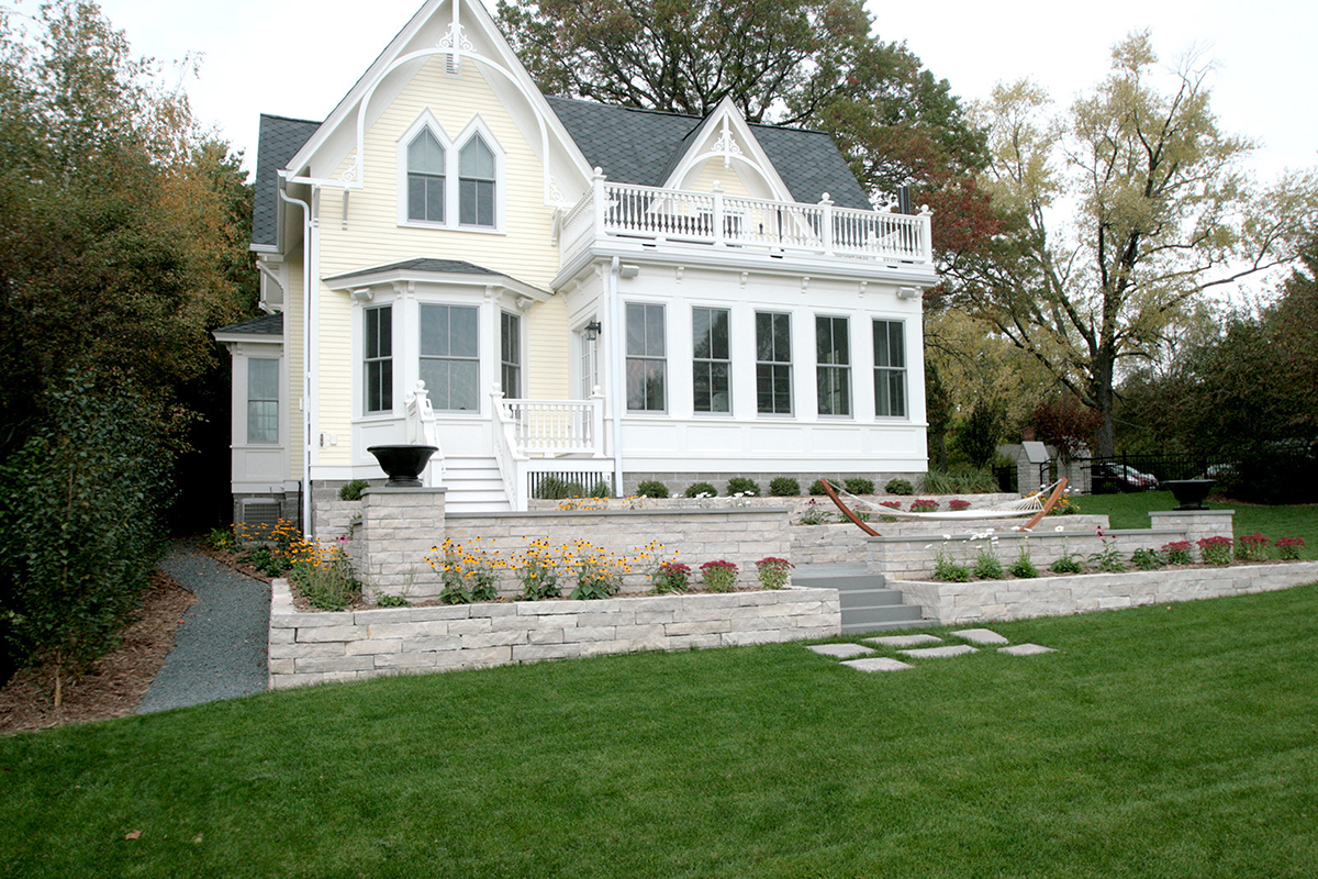 Limestone walls form patio