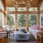 A Private Paradise in Detroit Lakes The existing home’s new 275-square-foot pine sunroom features a patterned sofa and powder blue cocktail table, a pair of 1960s French bamboo chairs, and a two-tiered chandelier in antique burnished brass that dangles overhead.