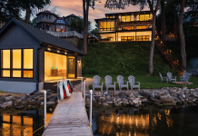 Boyer Building Corporation Lake home at dusk, view from dock