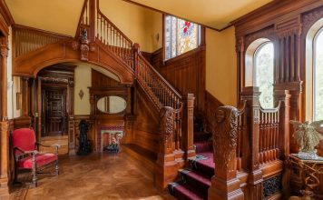 The new newel posts installed in the completed entry foyer.