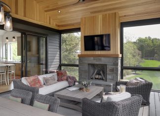 large living room porch with wood and stones