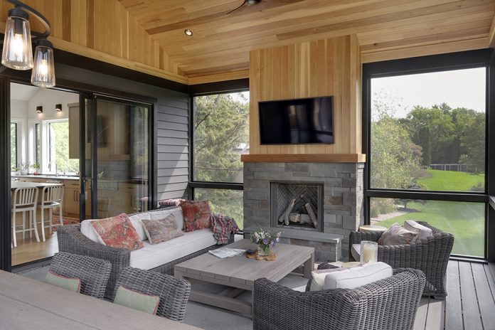 large living room porch with wood and stones