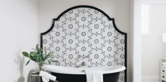 Trend Forecast 2026, Kitchen + Bath: Pattern Play and Cabinetry Crazes A bathroom with elegant tiling details, in bold black and white