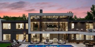 modern exterior at sunset with pool