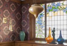 Inspiration for the design of the glass in this room came from the client’s favorite flower—a clematis vine that blooms in the homeowner's yard.