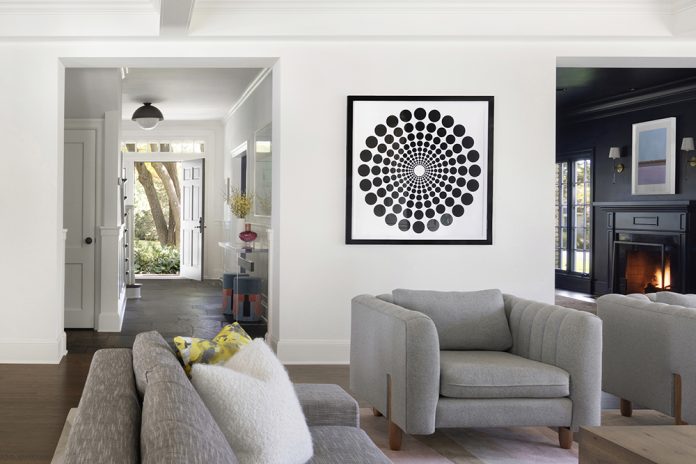 grey living room with circle modern art