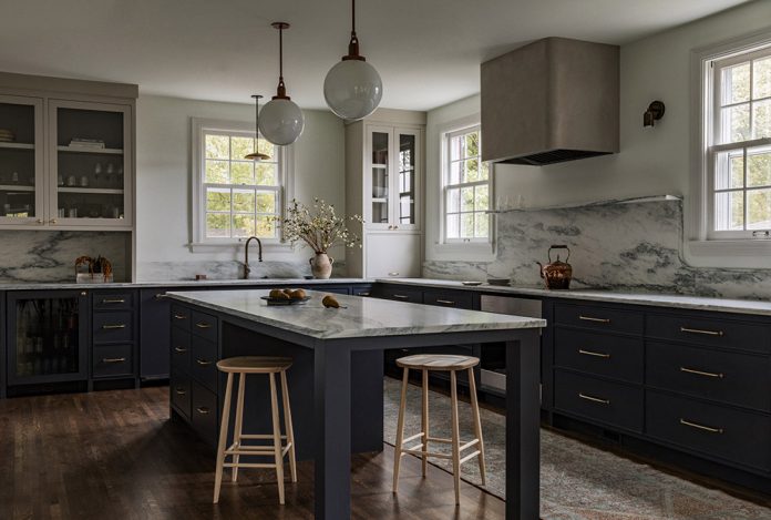 moody dark kitchen marble backsplash