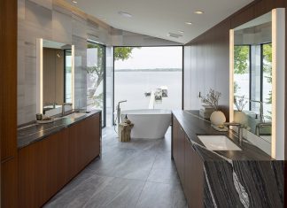 Mark D. Williams Custom Homes soaking tub overlooking lakeside window
