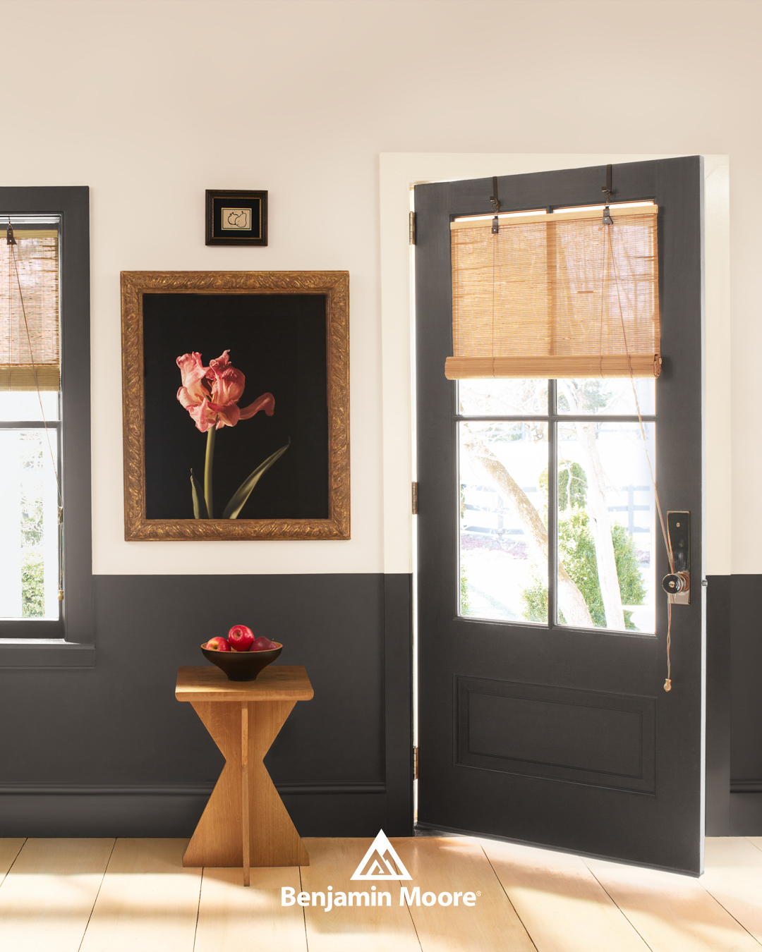 Warm beiges like First Crush from Benjamin Moore reflect the outside world, and serves as a nice backdrop for artwork that brings a punch of color. Bring in contrast by painting doors or trim.