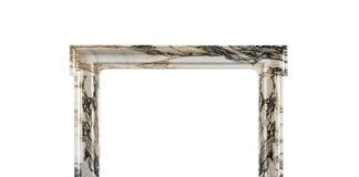 The marble brushstrokes on Jamb's Merethorth Mantel complement the "eared" 18th-century form.