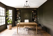 How to Thoughtfully Add Color to Your Interiors This home office by Willaby Way features Roycroft Bronze Green by Sherwin Williams to color drench the walls, millwork, and cabinetry.