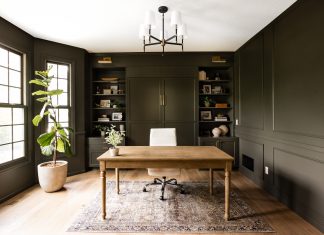 How to Thoughtfully Add Color to Your Interiors This home office by Willaby Way features Roycroft Bronze Green by Sherwin Williams to color drench the walls, millwork, and cabinetry.