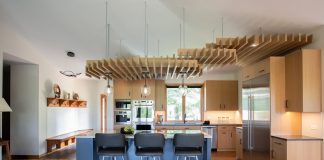 This Custom-Designed Ceiling Structure Is Artful and Inviting This ceiling structure brings warmth and artful function to this expansive, vaulted kitchen.