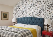 A Charming Guest Suite Leans into Color Schumacher wallpaper, a custom velvet headboard, and colorful nightstand make this guest suite stand out.