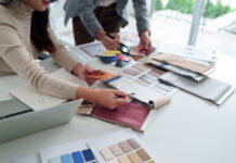 What Keeps You Inspired? 4 Designers Share Their Brain Busters Interior designer team working with fabric sample, color palette for home renovation project. Architect choosing material for building design. Collaboration on modern decor ideas