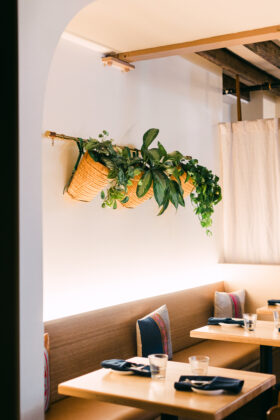 Dining room seating with decorative greenery at Diane's Place. August 19, 2026