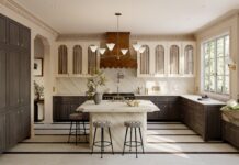 One of Cambria's new quartz designs, Quintessa, is characterized by creamy white and subtle sable-colored veins. It pairs well with natural woods, like in this kitchen.