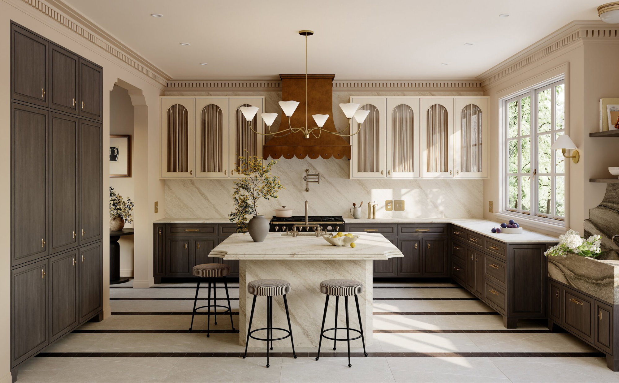 One of Cambria's new quartz designs, Quintessa, is characterized by creamy white and subtle sable-colored veins. It pairs well with natural woods, like in this kitchen.
