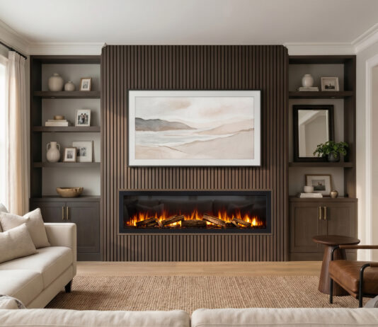 SotaFlame Debuts Electric Fireplaces With Real Oak Logs The Nordeast Linear Electric Fireplace is the first series in SotaFlame's electric fireplace offerings.